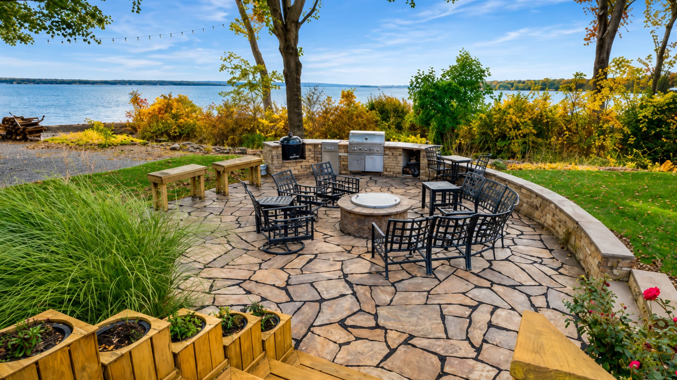 Stone patio with fire pit and lake views