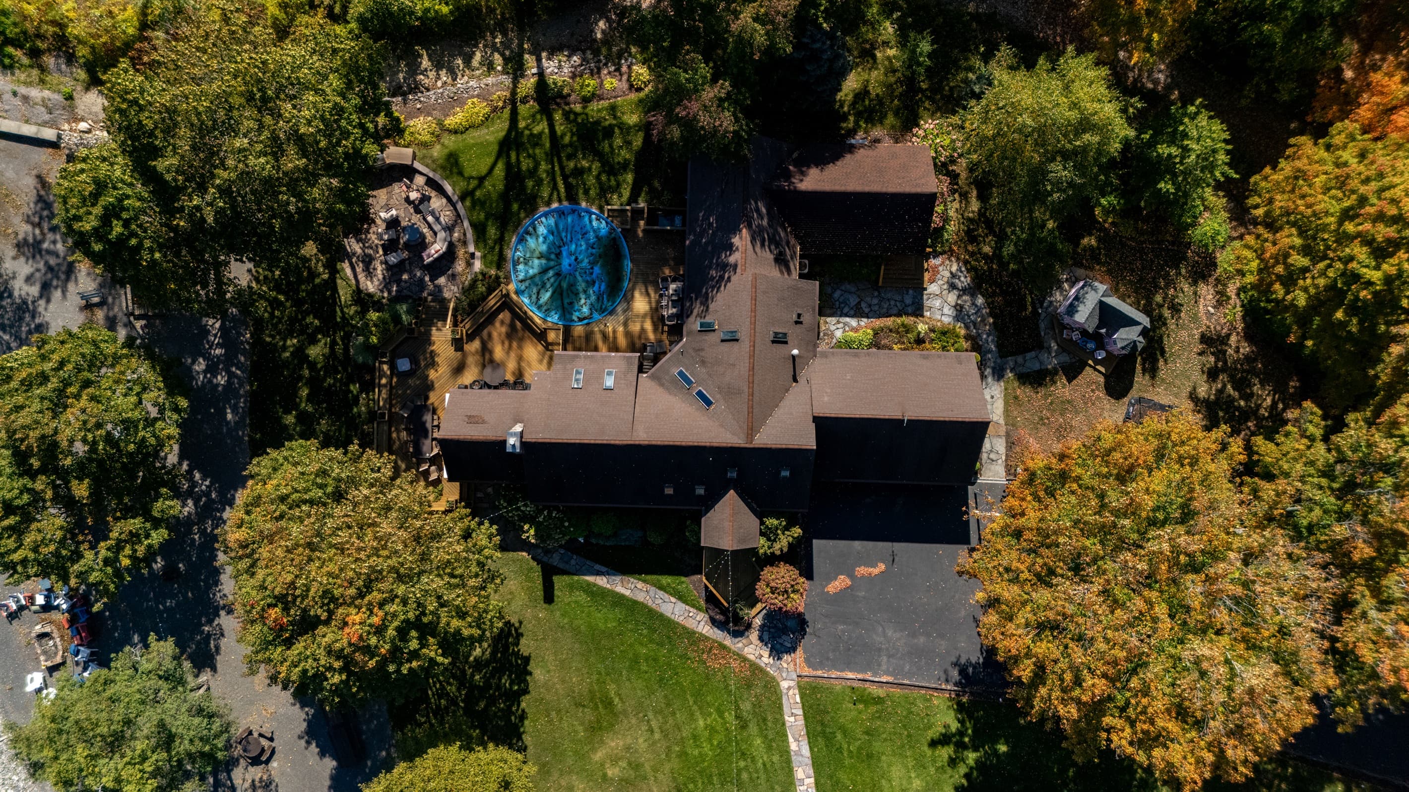 Aerial view of the home and deck