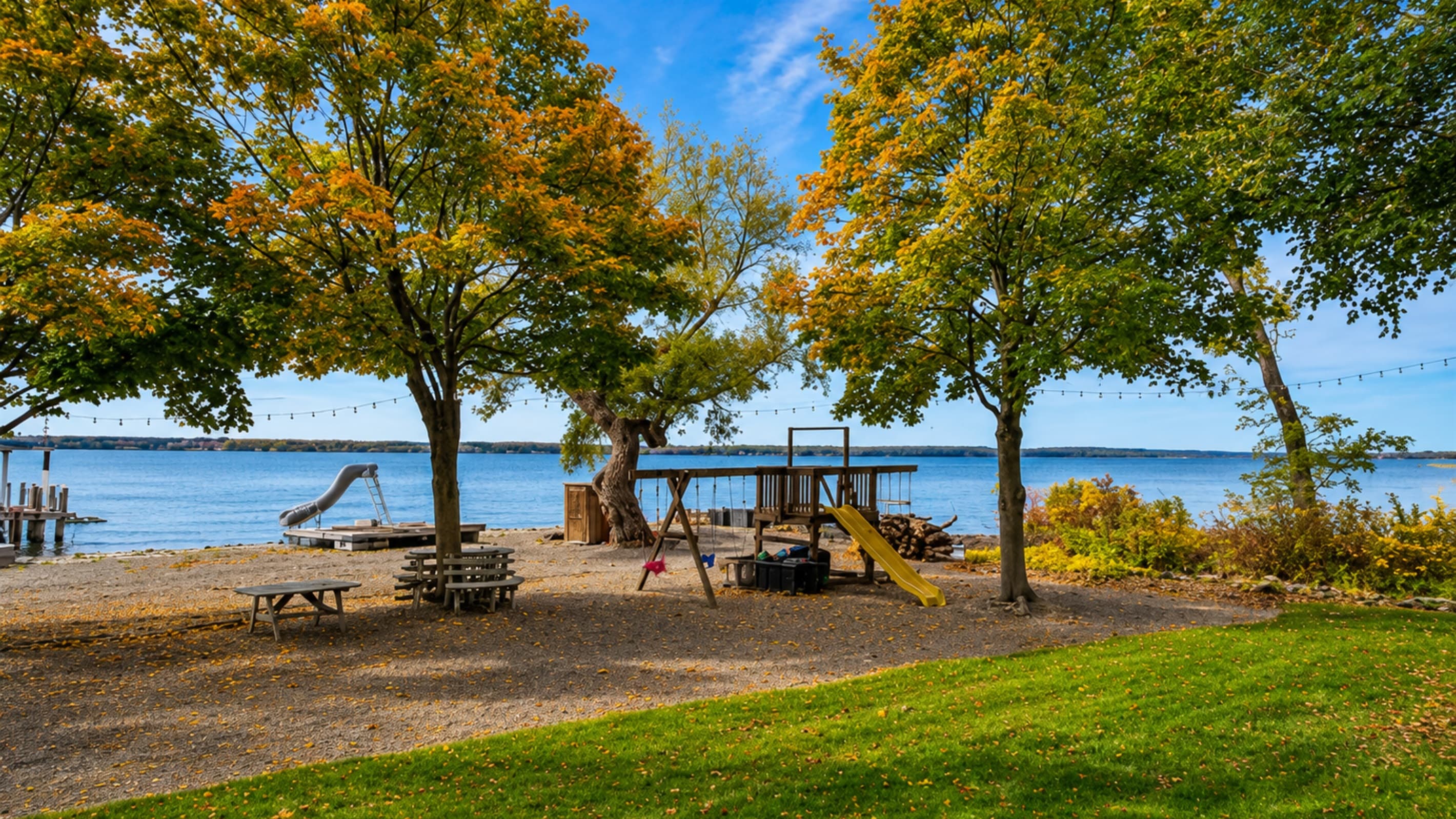 Waterfront picnic area and playground beneath mature trees