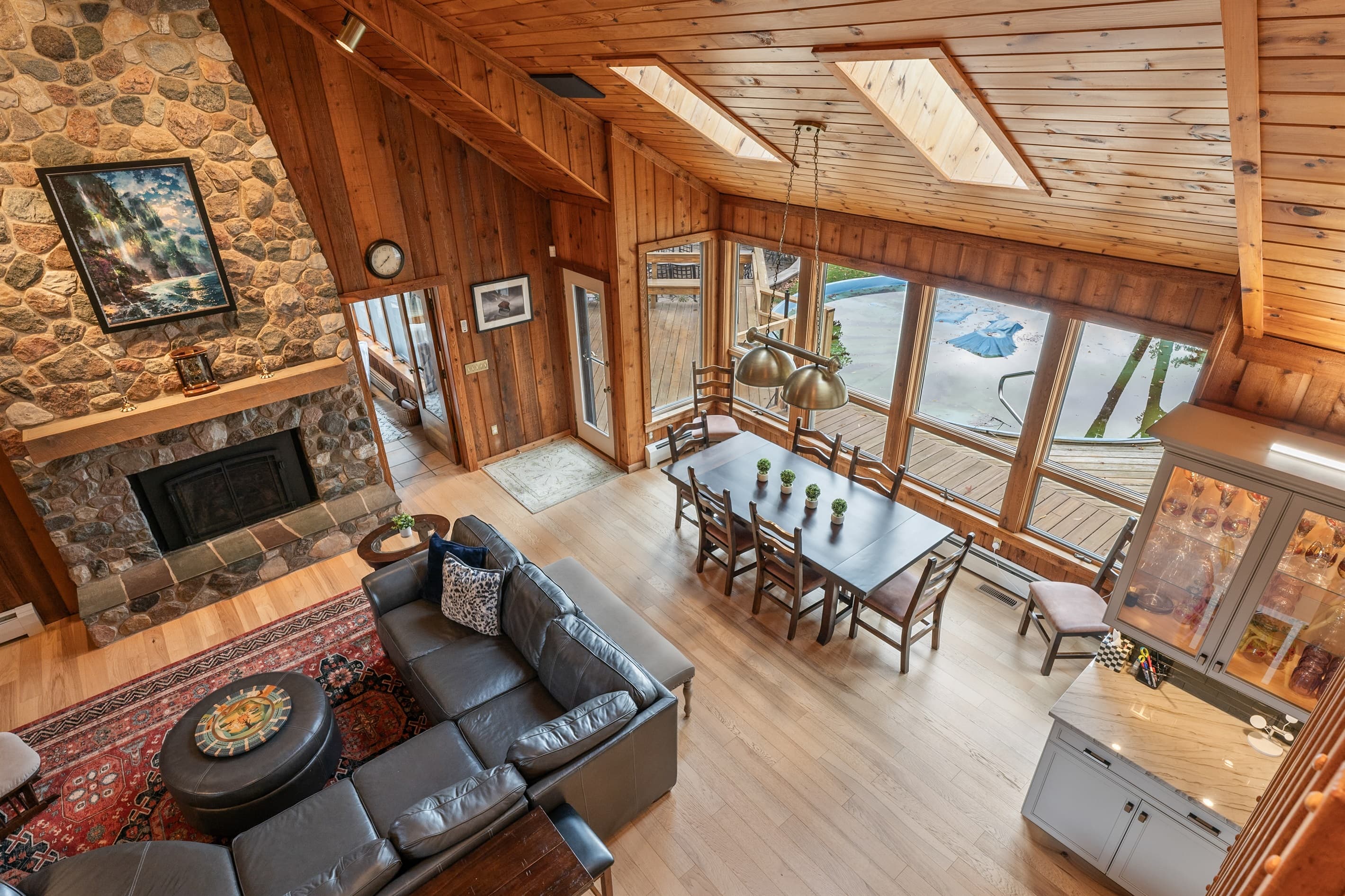 Vaulted living area overlooking the lake