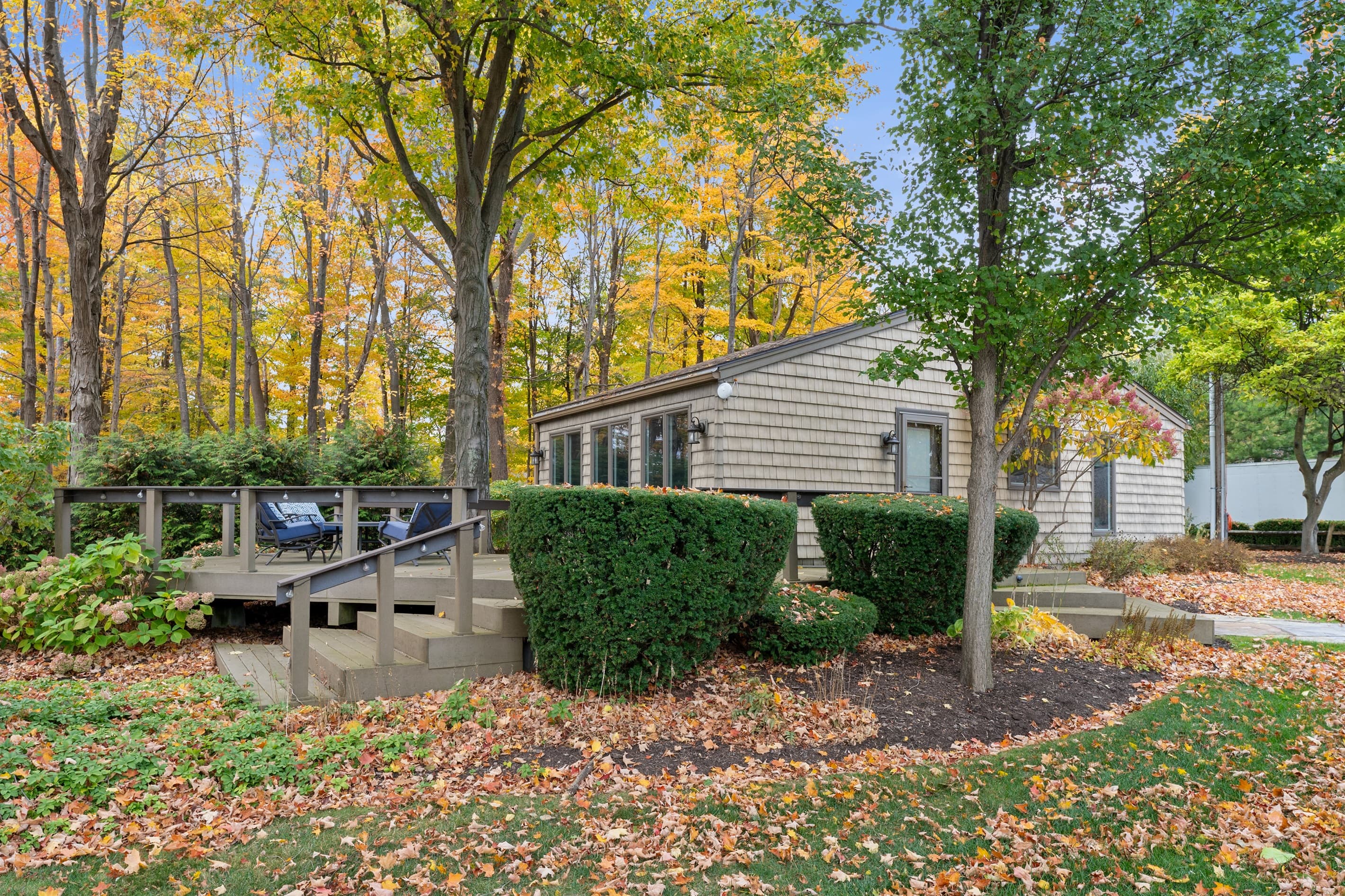 Shaded backyard deck surrounded by trees