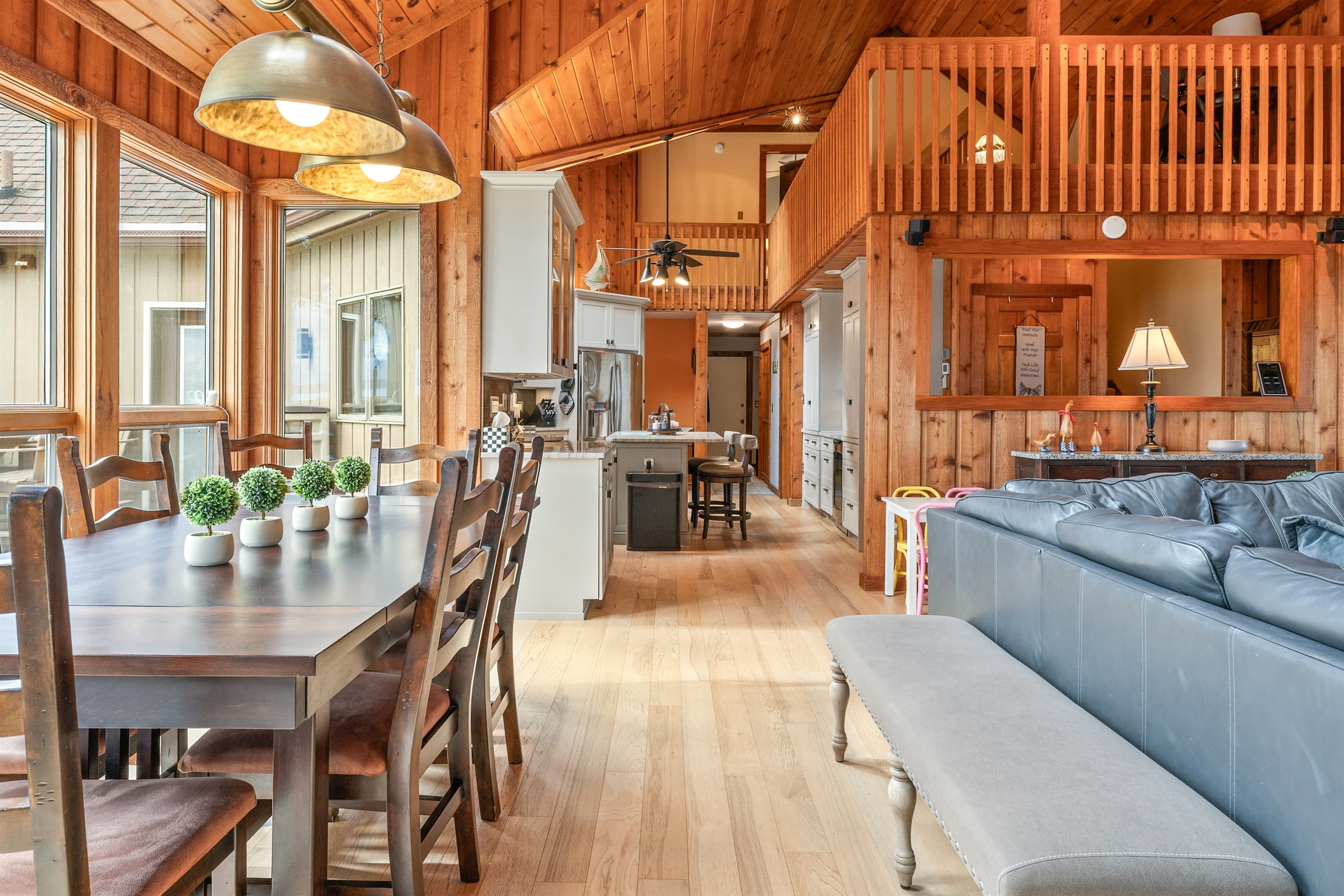 Open kitchen, dining, and living layout