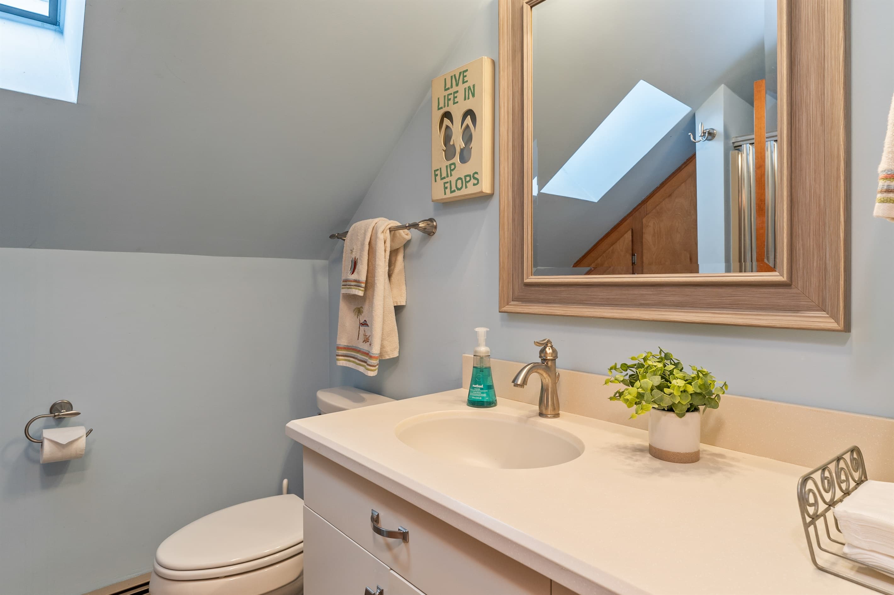 Bathroom with skylight and pedestal sink