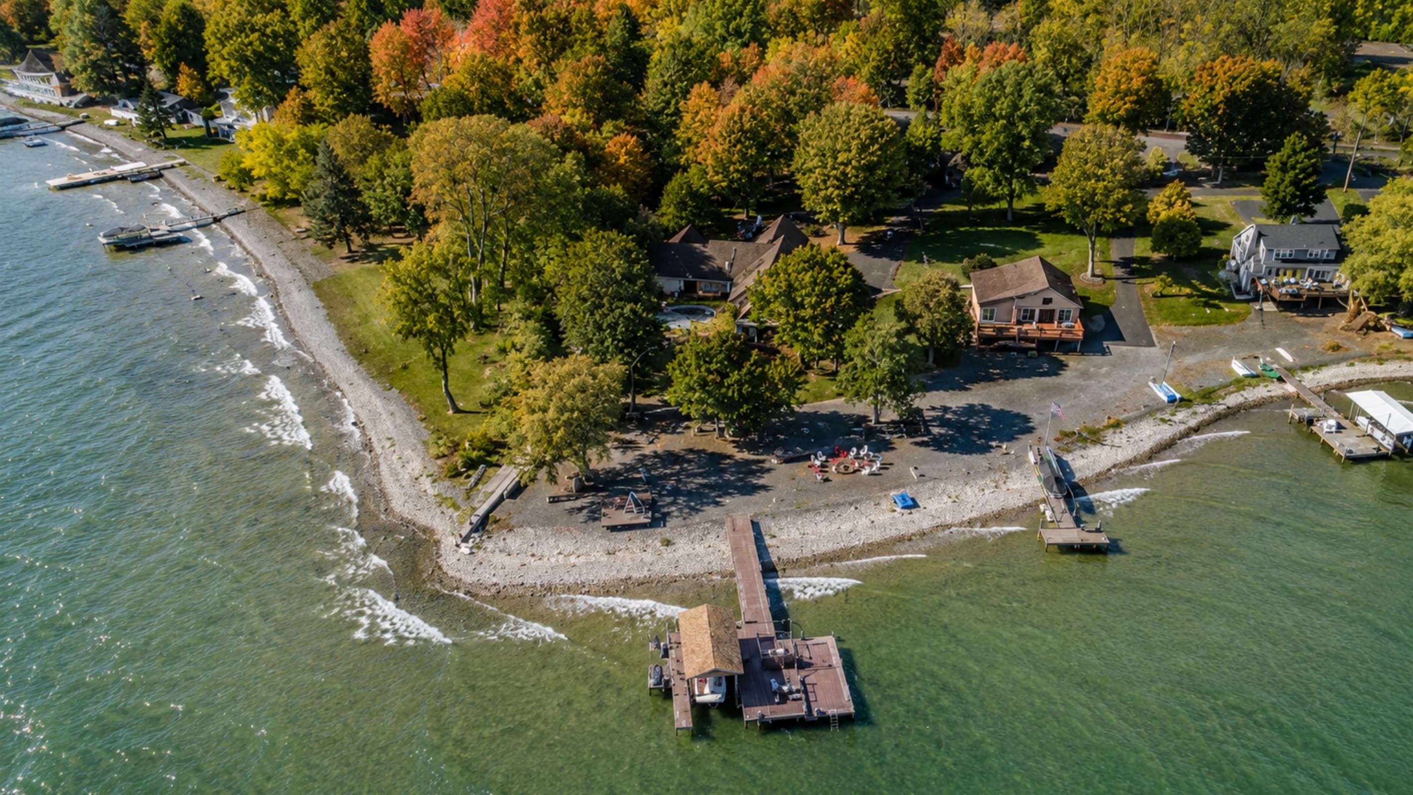 Aerial view of the private shoreline and dock