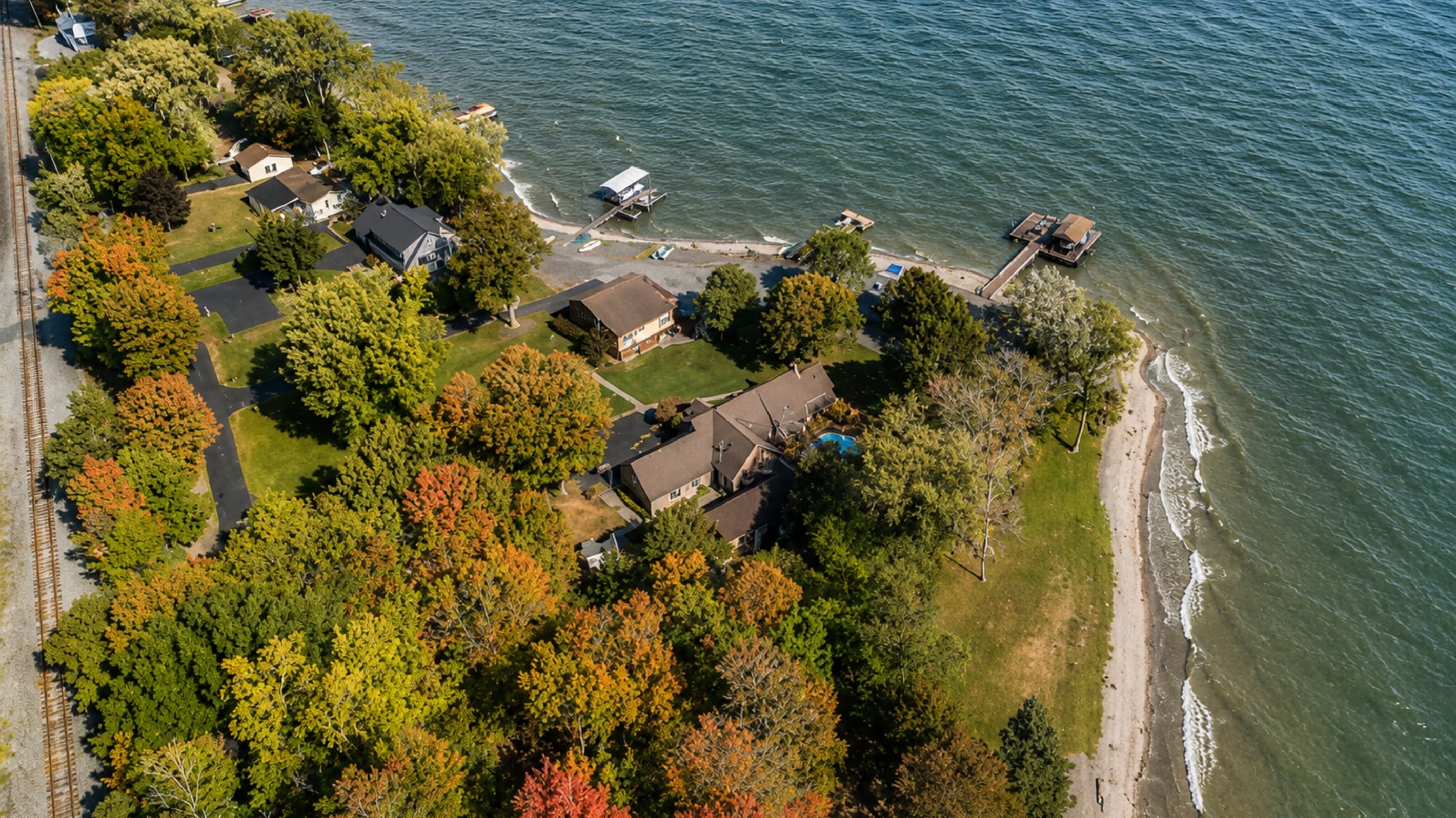 Aerial view of the wooded waterfront property