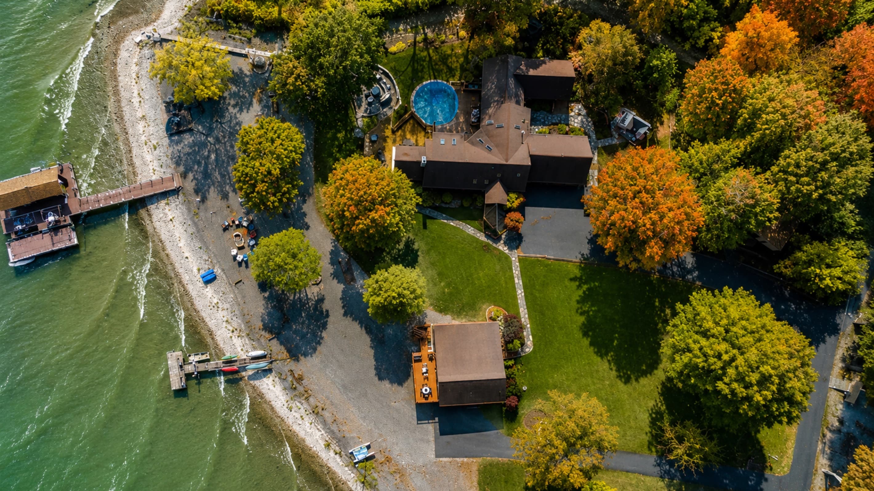 Overhead view of the home and shoreline