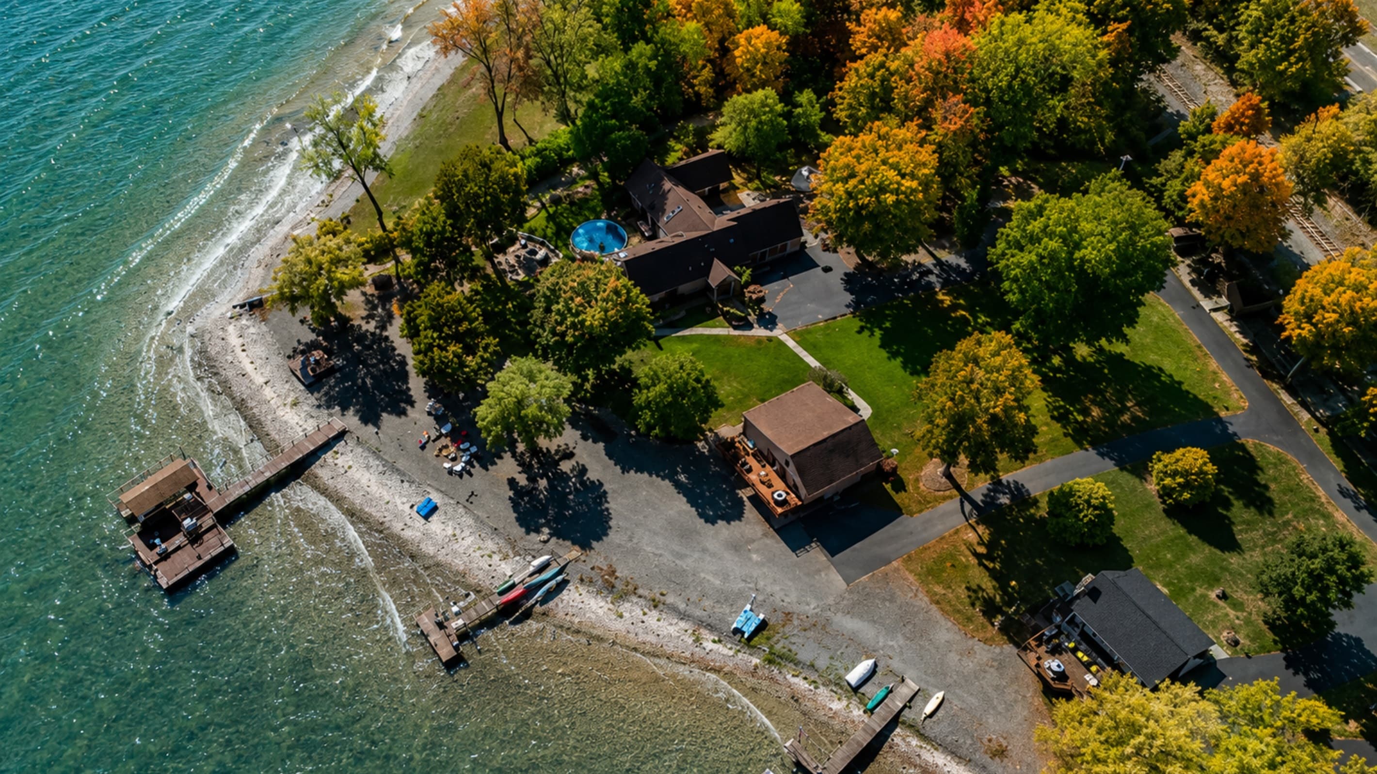 Waterfront property surrounded by autumn foliage