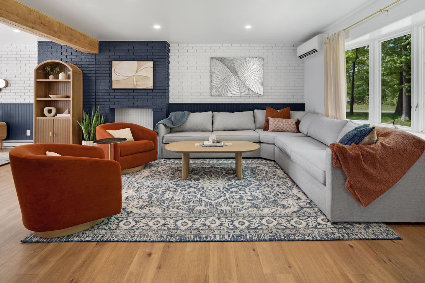 Open living room with colorful seating