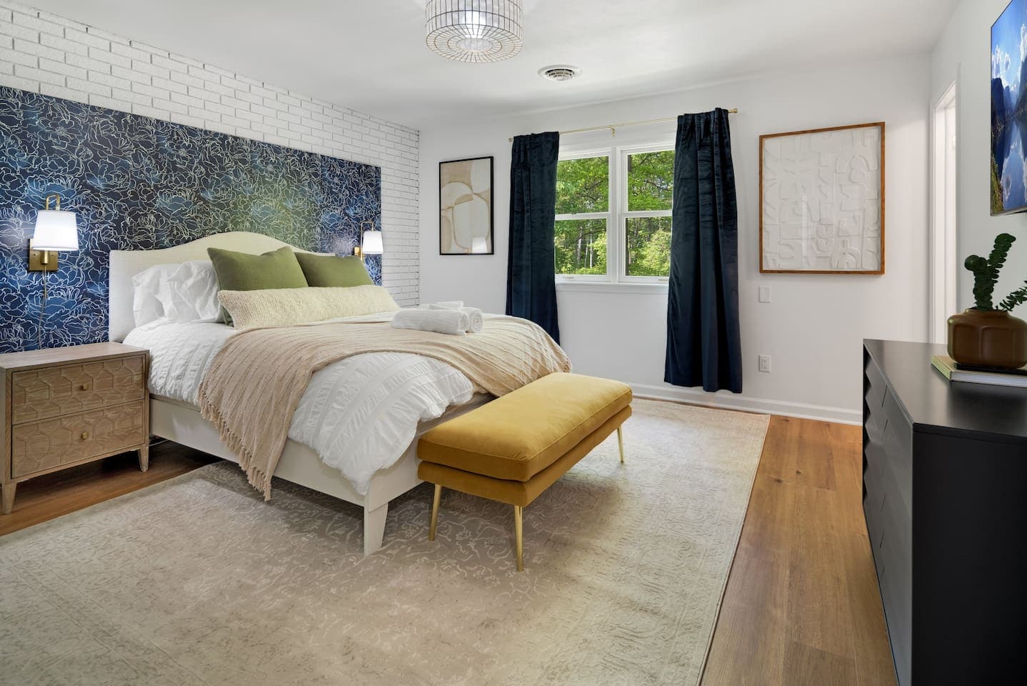 Bedroom with patterned accent wall