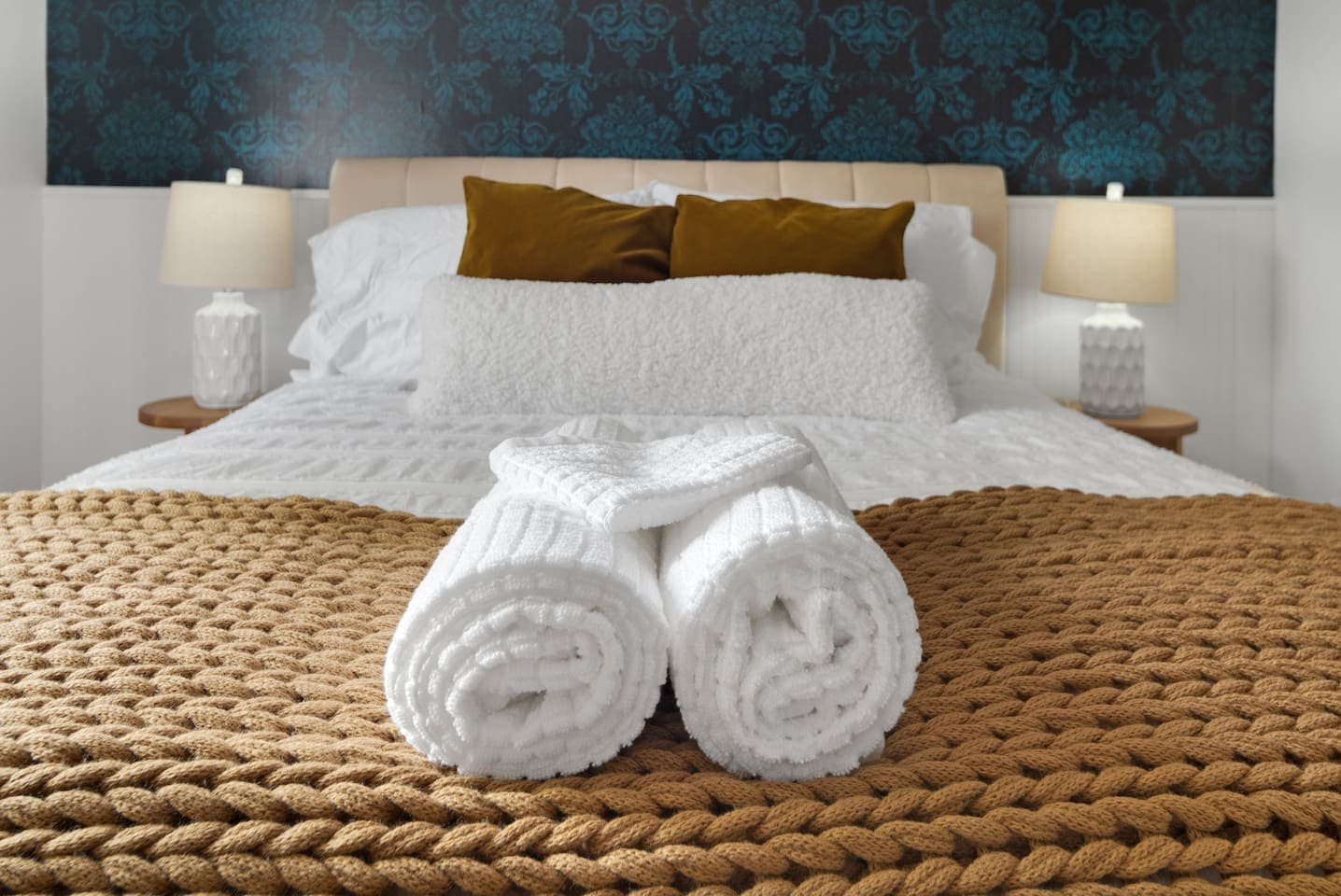 Queen bed with fresh linens