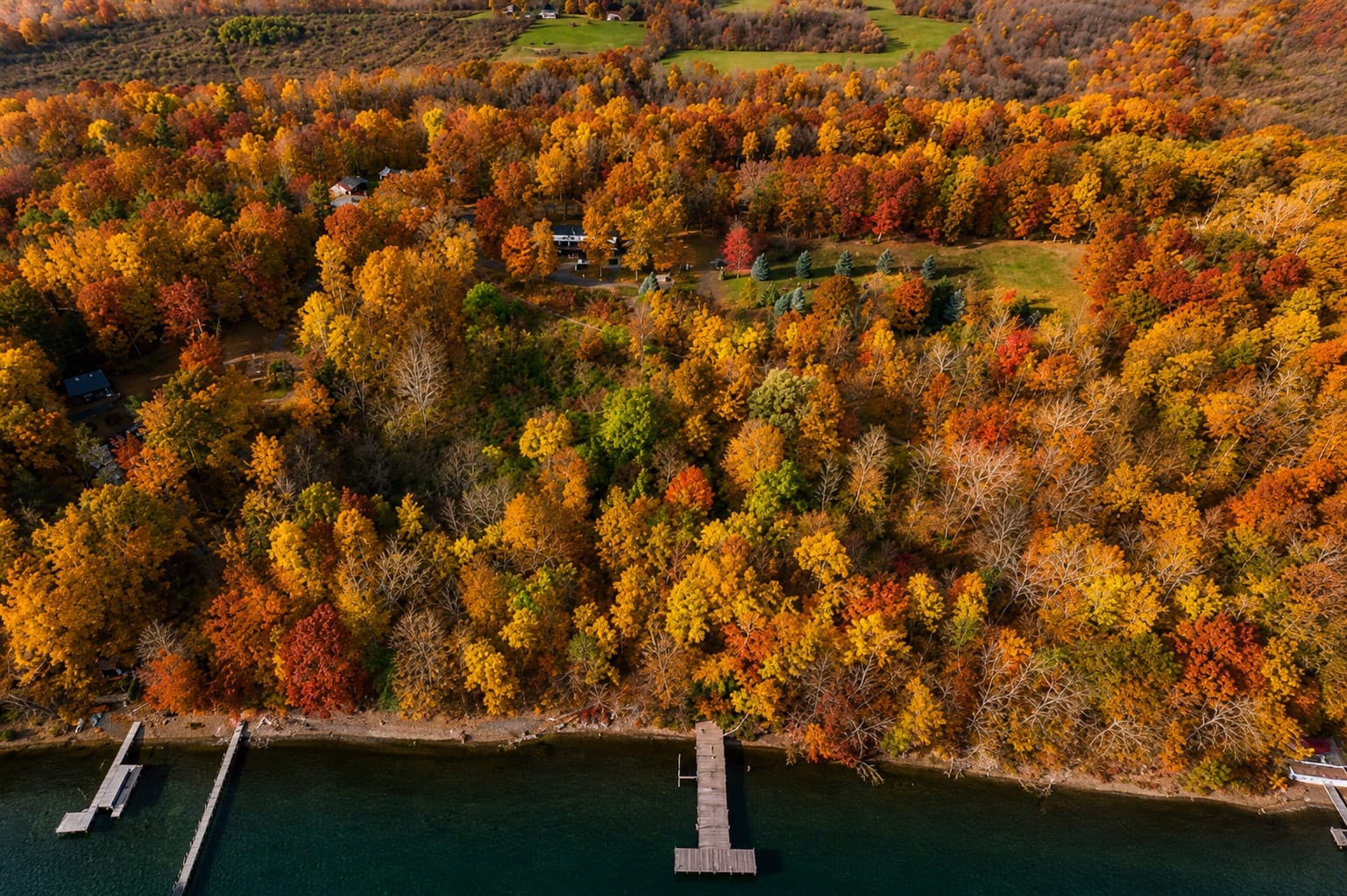 Aerial view of autumn lakefront