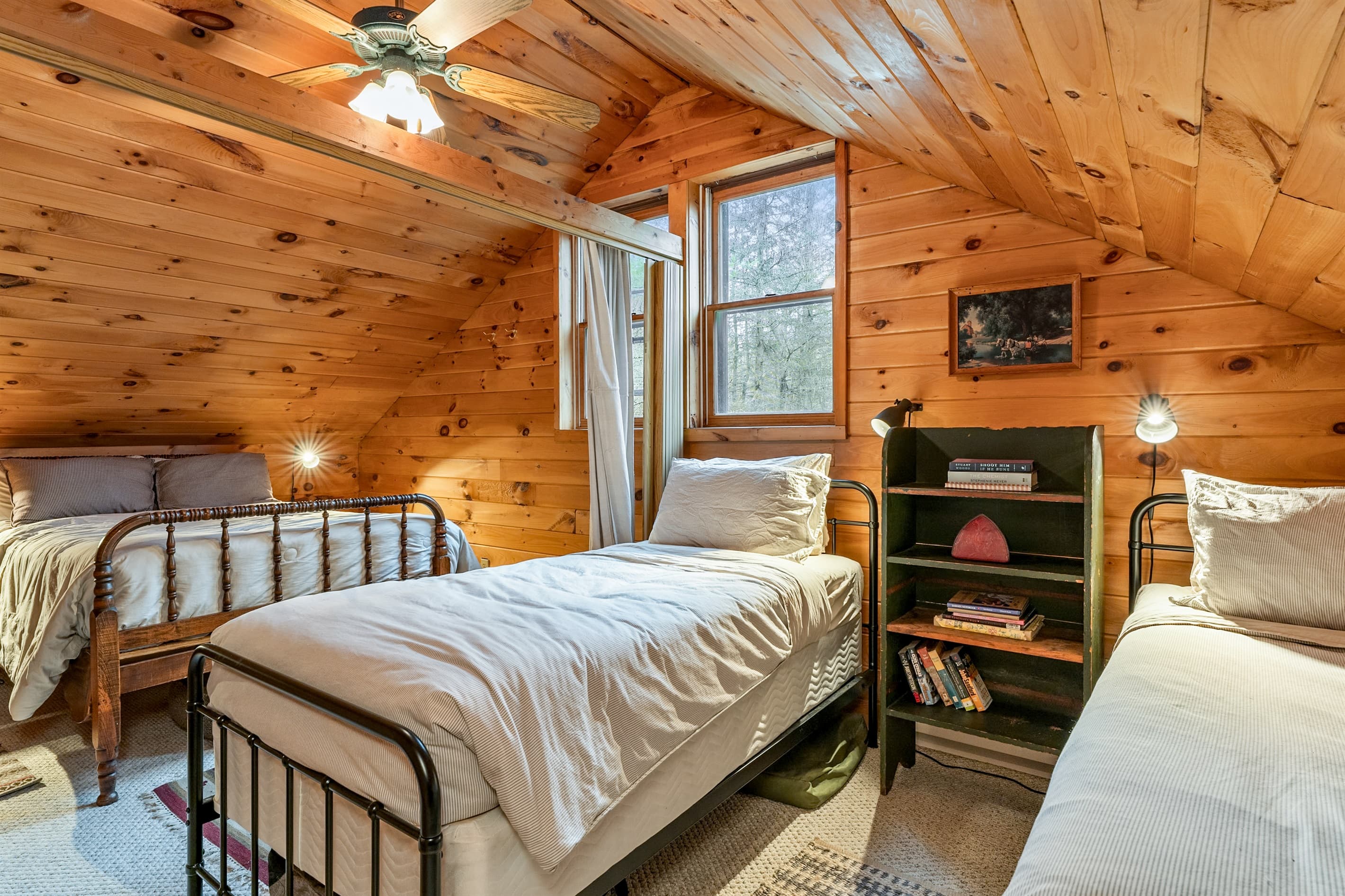 Wood-paneled bedroom with shelves