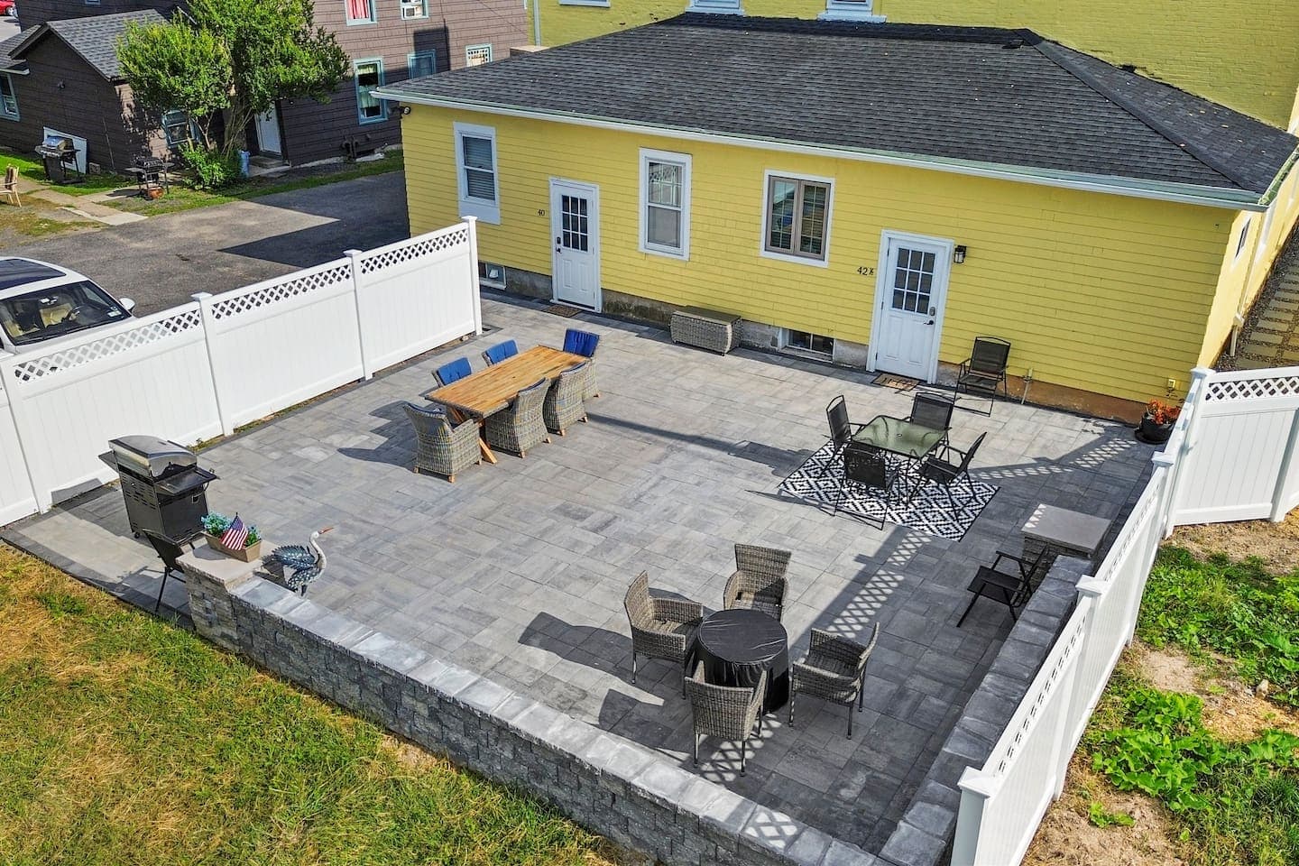Aerial view of the fenced patio