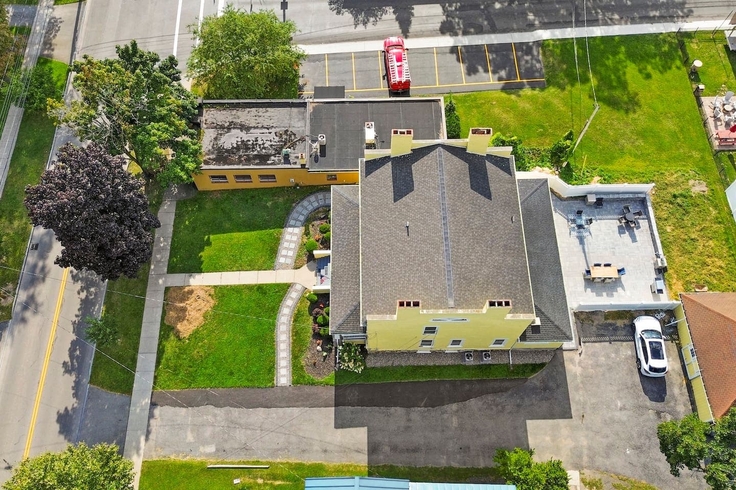 Aerial view of the building and walkways