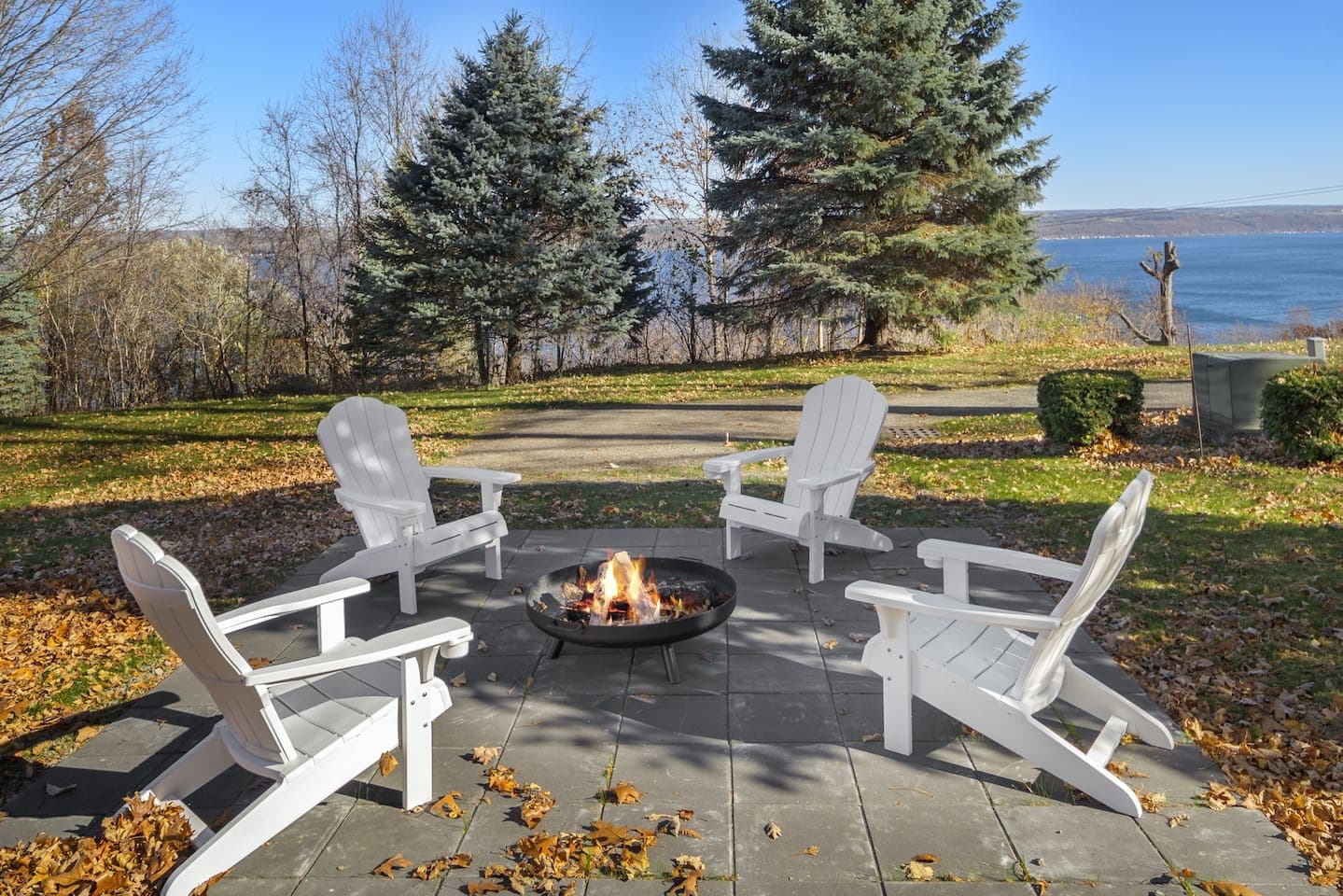 Fire pit seating overlooking the lake