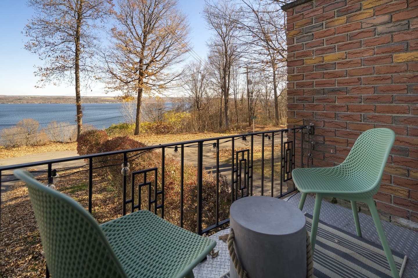 Balcony seating with lake views