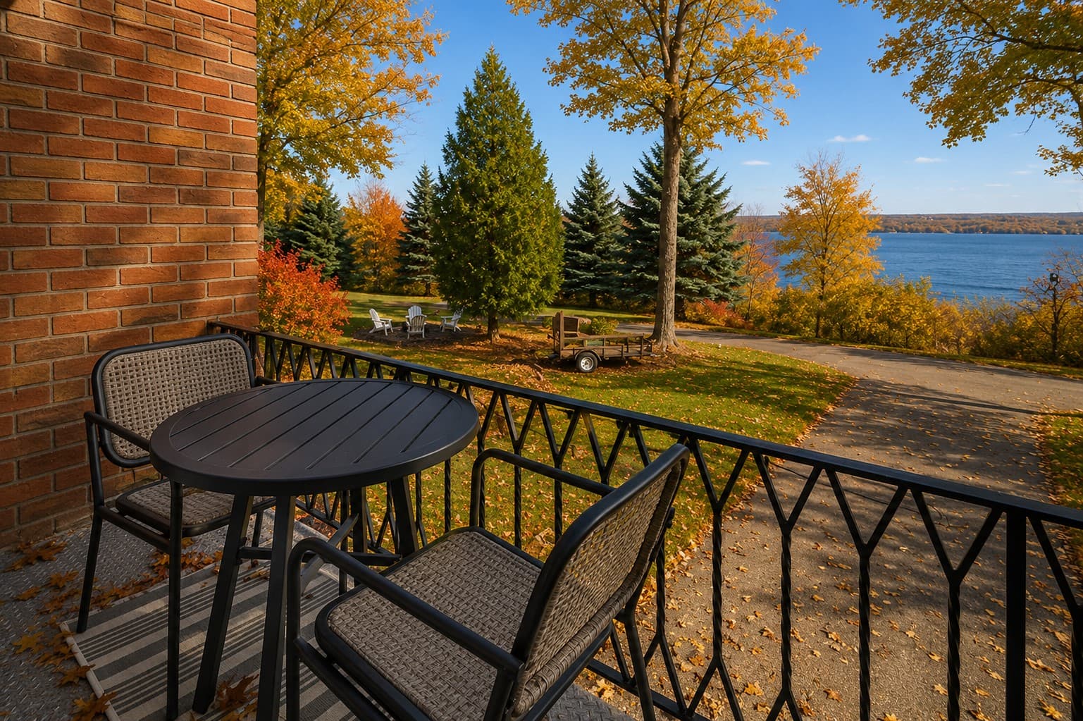 Balcony table with panoramic lake views