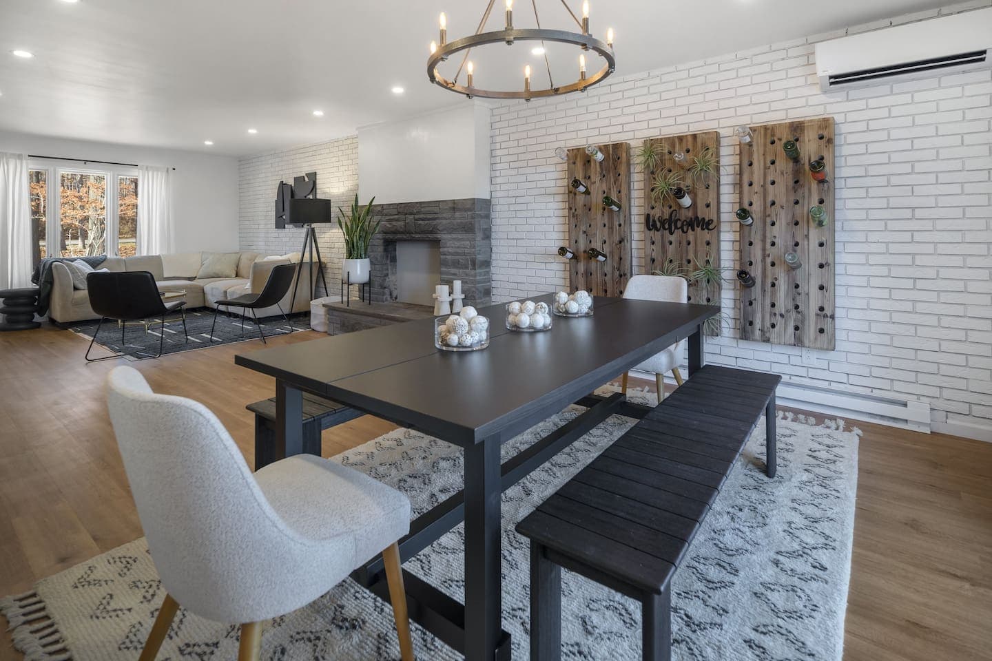 Dining table beside the open living area
