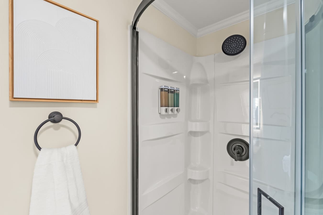 Sleek bathroom corner w/ walk-in shower, modern fixtures, & a clean, uncluttered look.