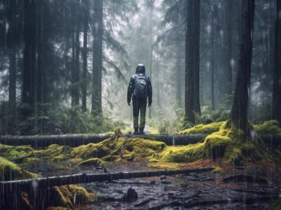 A young man lost in the woods
