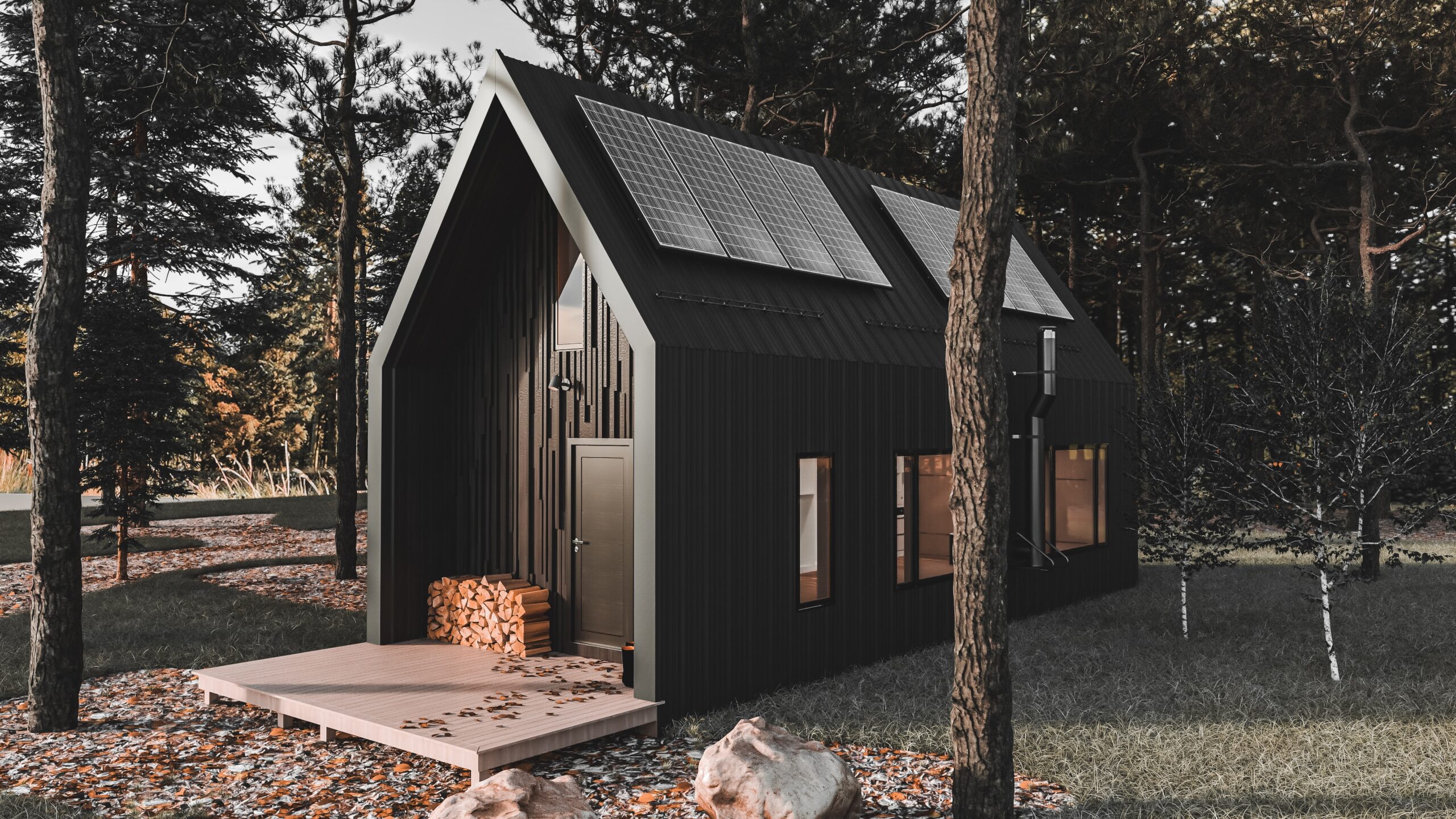 black, wooden A-frame cabin in the woods with solar panels on the roof