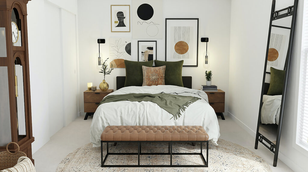A furnished bedroom of a rental property with a calm neutral aesthetic. 