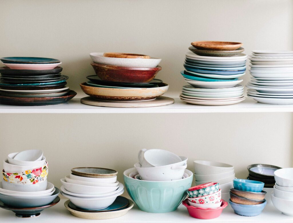 Sustainably sourced mix of bowls and plates.